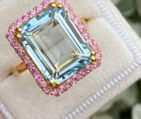 Authentic 3 Ct Emerald Cut Lab-Created Aquamarine Engagement Ring 14K Yellow Gold Plated