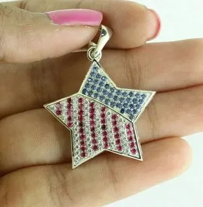Authentic USA American Flag 2Ct Lab Created Sapphire Ruby Pendant 14K White Gold Plated