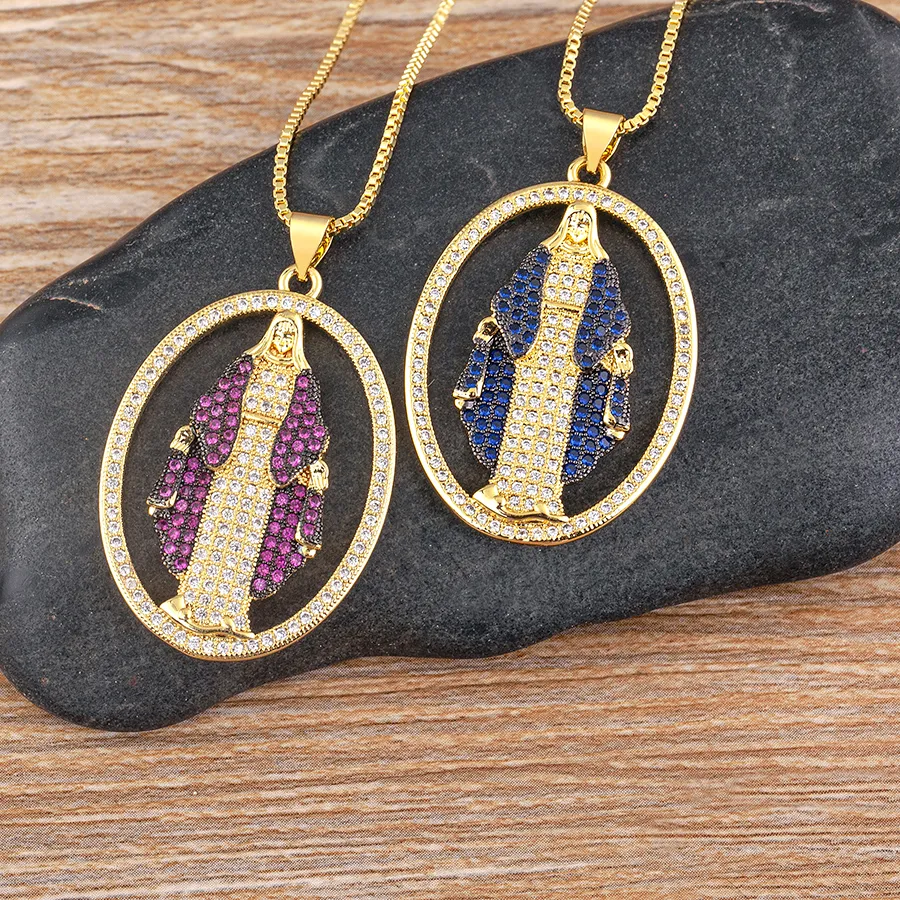 Authentic Nidin European and American Popular Personalized Geometric Oval Hollow Inlaid Zircon 5 Colors Virgin Mary Pendant Necklace