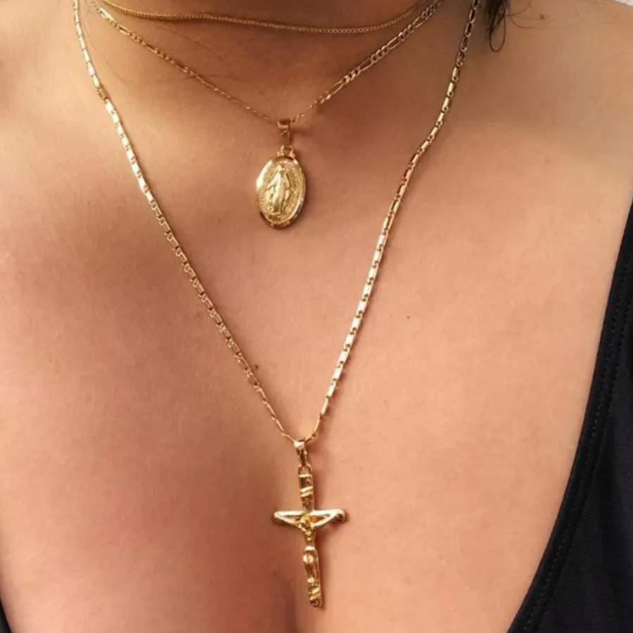 Authentic Three layer Necklace Oval-shaped Virgin Mary Madonna Pendant Jesus Cross metal plated Chain Women