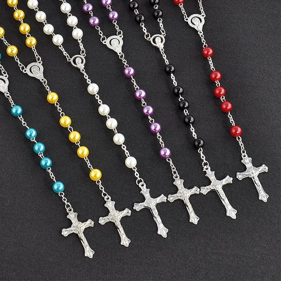 Authentic Sacred Grace Faux Pearl Devotional Rosary with Virgin Mary and Jesus Cross Pendant