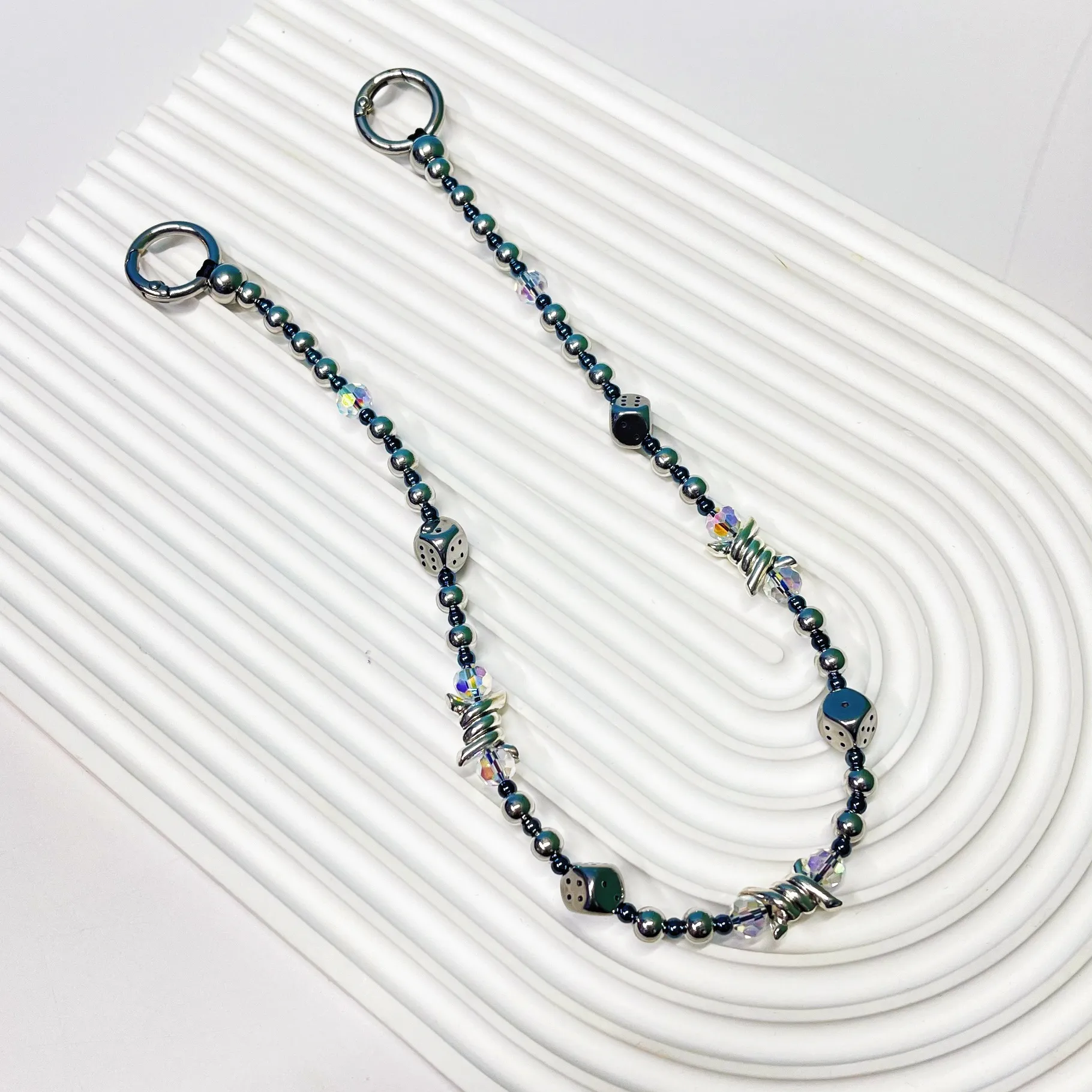 Authentic Herlook Cool Punk Dice Bead Bag Chain Charms Irregular Twisted Wire Decor Keychain Handbag Hanging Accessory