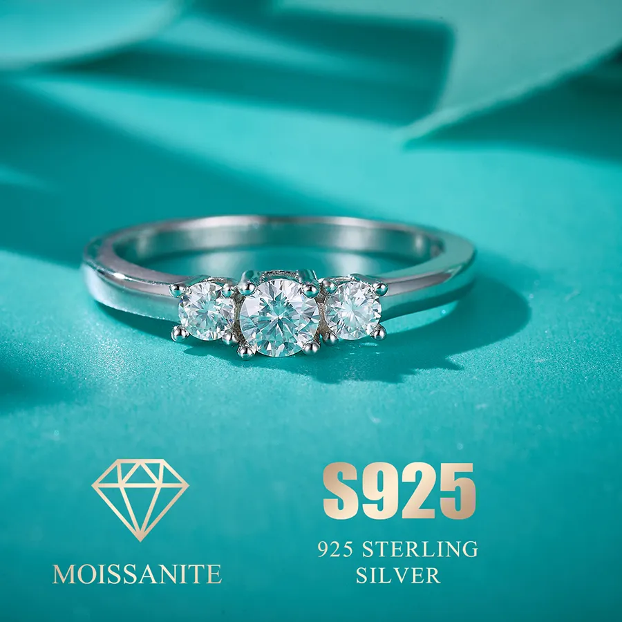 Authentic Luxury Jewelry Wedding Rings 925 Sterling Silver Three Stone Engagement Rings VVS D Moissanite Ring Trilogy Moissanite Ring