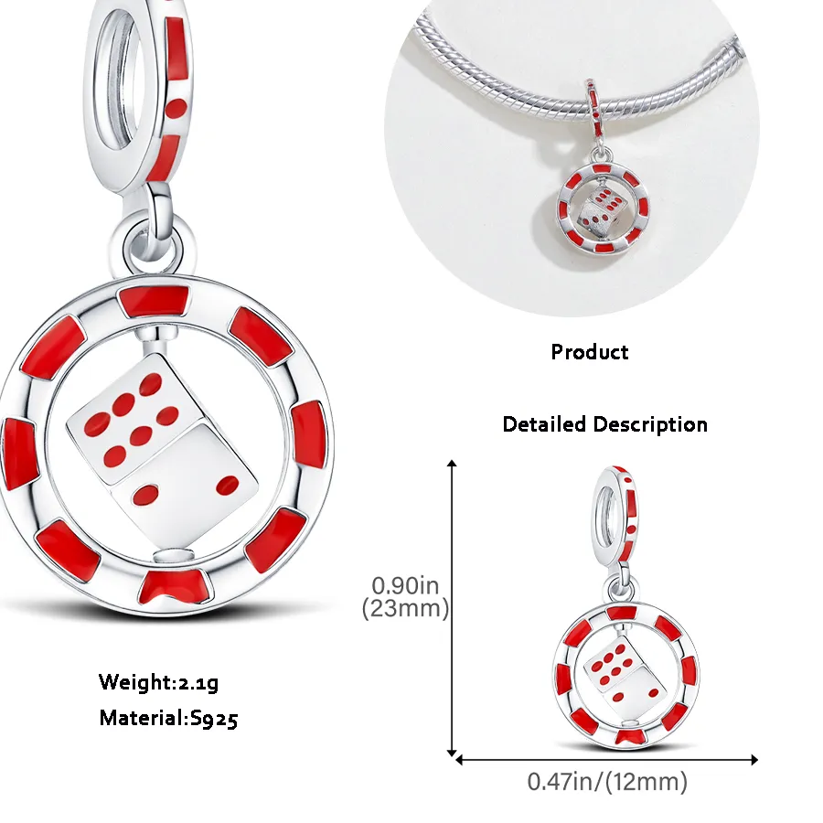 Authentic 925 Sterling Silver Charm Casino Beaded Turnable Dice Pendant Jewelry Make Original Bracelet Women's Fashion Holiday Gift