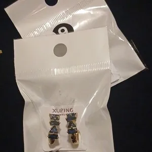Authentic Xuping Yellow Gold Plated Blue Crystal Huggie Drop Dangle Earrings