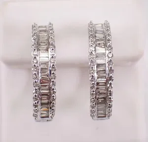 Authentic 2.10Ct Baguette Cut Real Moissanite Huggie Hoop Earrings 14k White Gold Plated