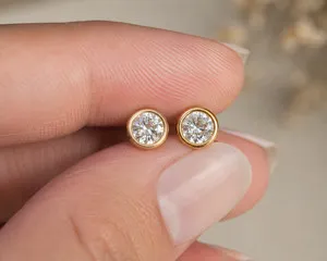 Authentic 5mm Round Bezel CZ Stud Earrings 925 Sterling Silver 14K Gold Plated Women