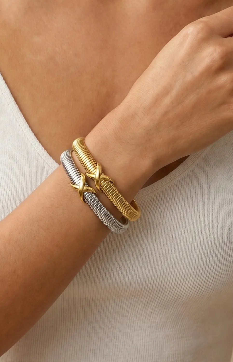 Authentic Crossed Serpent's Blessing: 18K Gold Plated Tubogas Snake Chain Bangle