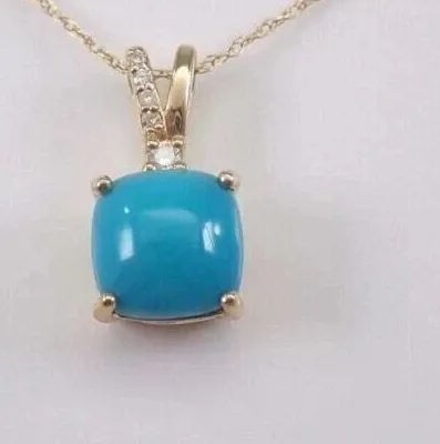 Authentic Cushion Cut LabCreated Turquoise Women Pendant 14K Yellow Gold Plated with Chain