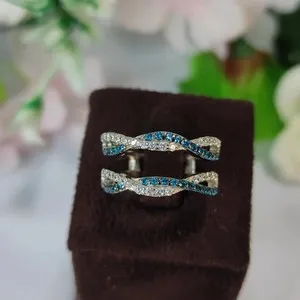 Authentic 1.30 Ct Moissanite & Blue Diamond Enhancer Guard Band Ring 14K White Gold Plated