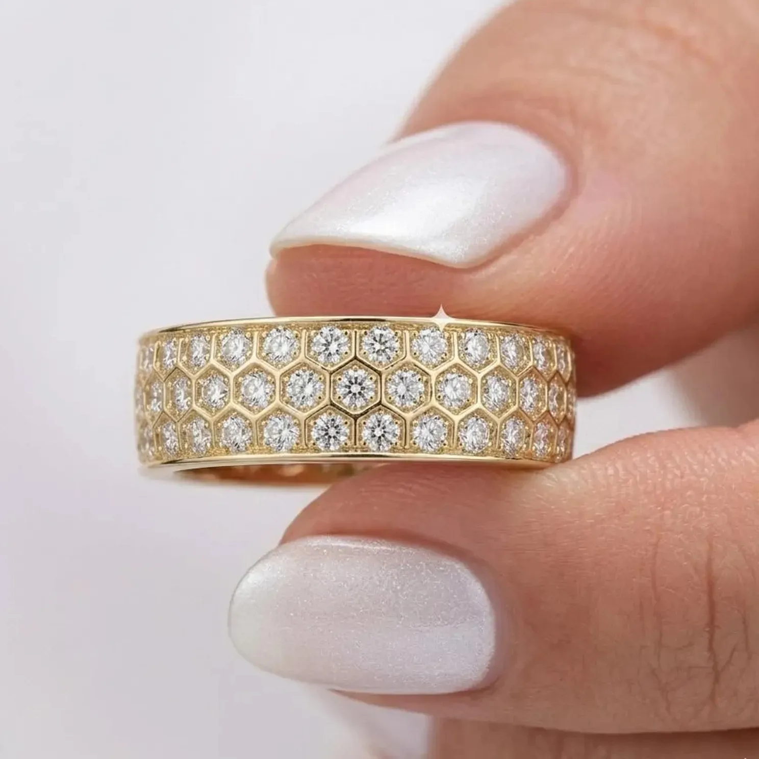 Authentic 1.20Ct Round Cut Moissanite Honey Comb Band Wedding Ring 14K Yellow Gold Plated