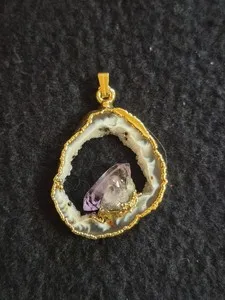 Authentic Agate Slice & Amethyst Point Gold Plated Pendant