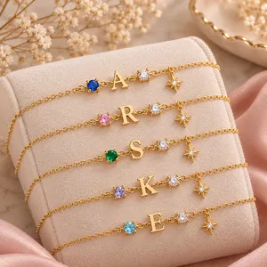 Authentic Custom Letter Birthstone Bracelet Gold Plated Sterling Silver Gift for Women