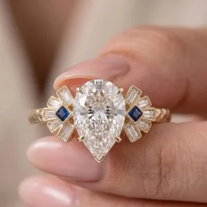 Authentic 2Ct Pear Moissanite Art Deco Bridal Womens Wedding Ring 14K Yellow Gold Plated