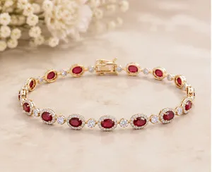 Authentic Radiant Ruby Eclipse: 7ct Oval‑Cut Simulated Ruby Tennis Bracelet, 14K Gold‑Plated