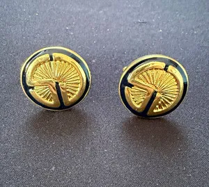 Authentic Gold Plated Round Bullet Back Cufflinks Black Enamel Asian Theme Men