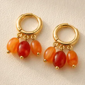 Authentic Crimson Flame Agate Cluster Talisman - 18K Gold Plated Vitality and Grounding Hoops
