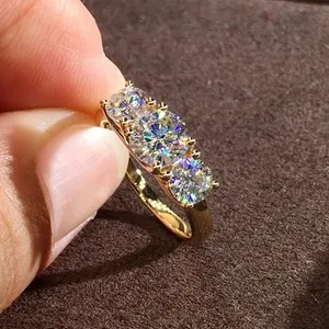 Authentic 3.00 TCW Round Cut Moissanite Three Stone Engagement Ring 14K Yellow Gold Plated