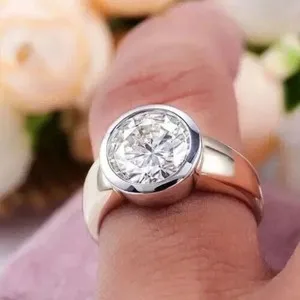 Authentic 2Ct Round-Cut Moissanite Bezel Set Engagement Ring 14k Yellow Gold Plated