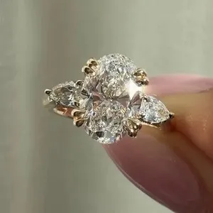 Authentic 5Ctw Oval Cut Moissanite Three Stone Engagement Ring 14K Yellow Gold Plated