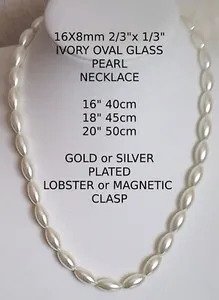 Authentic 16x8mm OVAL IVORY CREAM glass pearl necklace CHOICE 14" TO 38" & CLASPS
