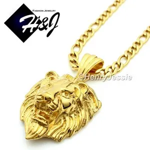 Authentic 18-40"MEN Stainless Steel 6mm Gold Plated Figaro Link Chain 3D LION Pendant*P50