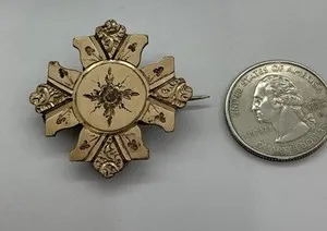Authentic Antique Victorian Gold Plated Filled Engraved Flower Center Floral  Cross Brooch
