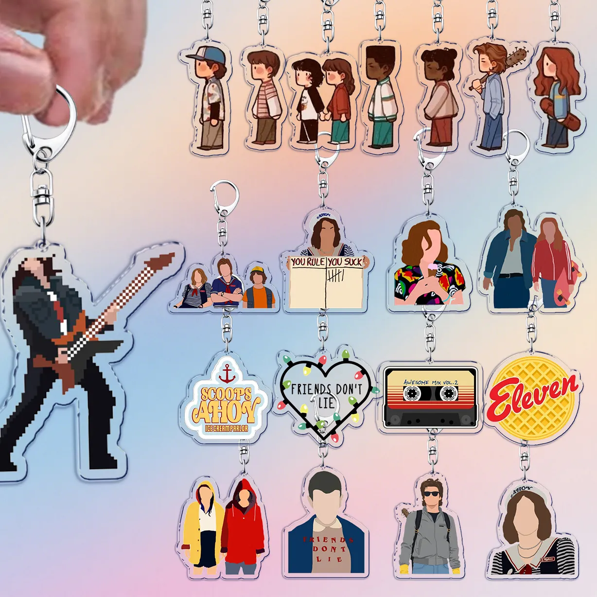 Authentic TV Show Chibi Art Things Keychain for Accessorie Upside Down Will Byers Eleven Mike Jim Keyrings Jewelry Manga Gifts