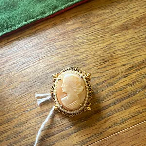 Authentic Oval Shell Cameo Portrait Brooch Pin Yellow Gold Plated Filigree Frame