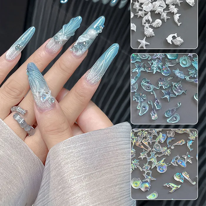 Authentic 50Pcs Mix Ocean Series Pearl Shell Rhinestones Starfish Jewelry Flash Nail Art Decorations Nails Accessories Charms Supplies