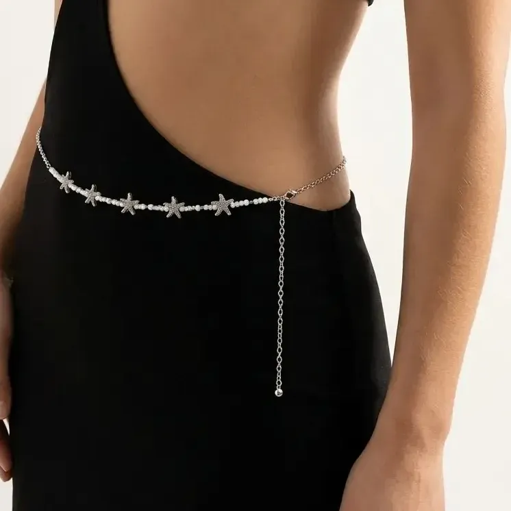 Authentic Celestial Starfish Shell Chain: Radiant Silver Rice Beads for the Soul's Journey