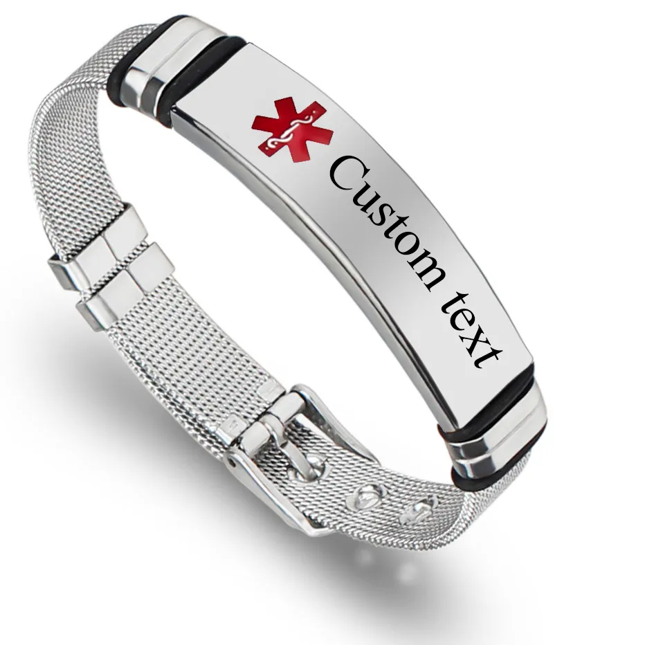 Authentic Punk SOS Medical Custom Text Bracelets For Women The Snake Emblem Rod of Asclepius Stainless Steal Men Bracelets Jewelry