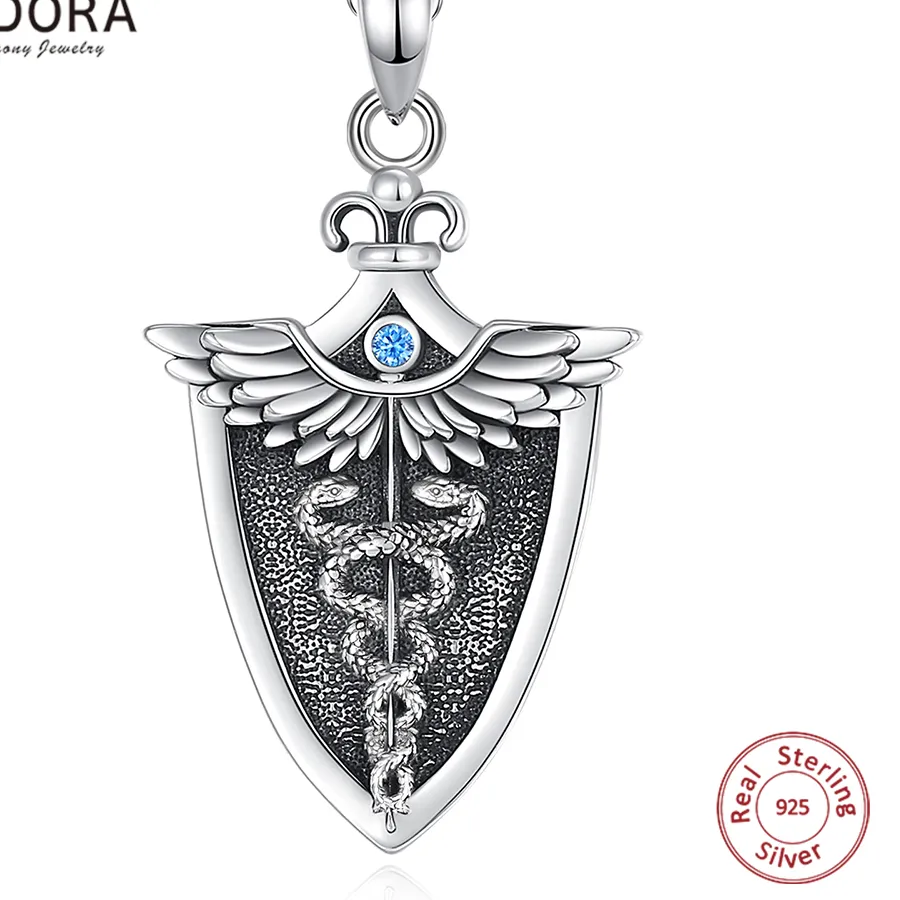 Authentic Eudora Original 925 Sterling Silver Caduceus Necklace Double Snake Wing Pendant Medical Symbol Jewelry for Men Women