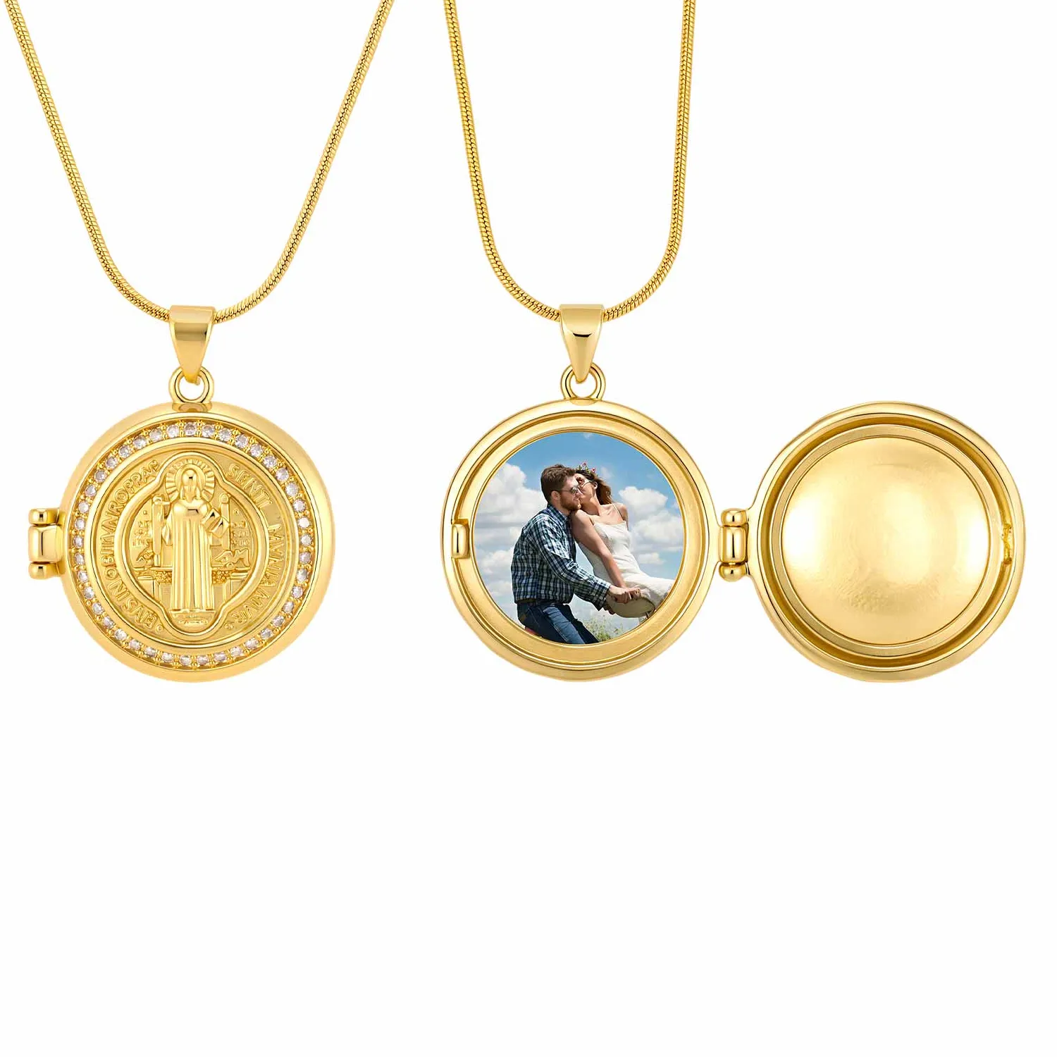Authentic Personalized Photo Locket St Benedict Virgin Mary Necklace Religious Saint Medal Opening Pendant Protection Jewelry