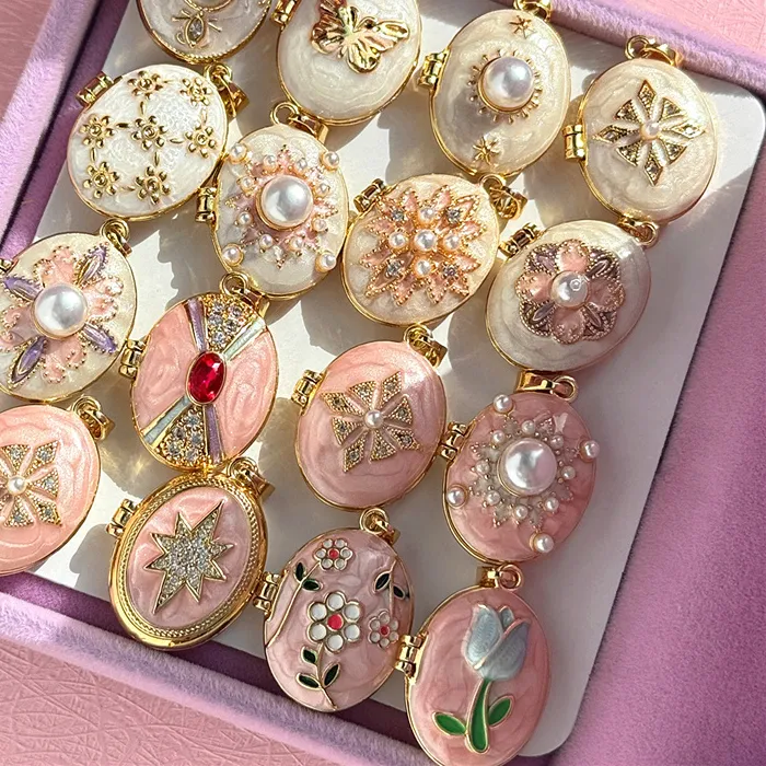 Authentic HangZhi Enamel Romantic Pink White Pearl Flower Oval Photo Frame Locket Necklace Vintage Keepsake Jewelry for Women