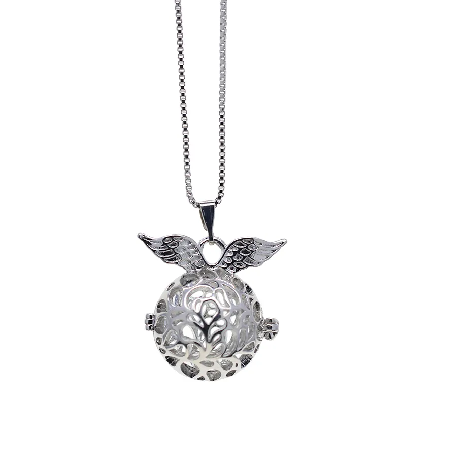 Authentic one platinum plated angel wing and filigree tree leaf flower Locket cage DIY Gems perfume Necklace Pendant home art
