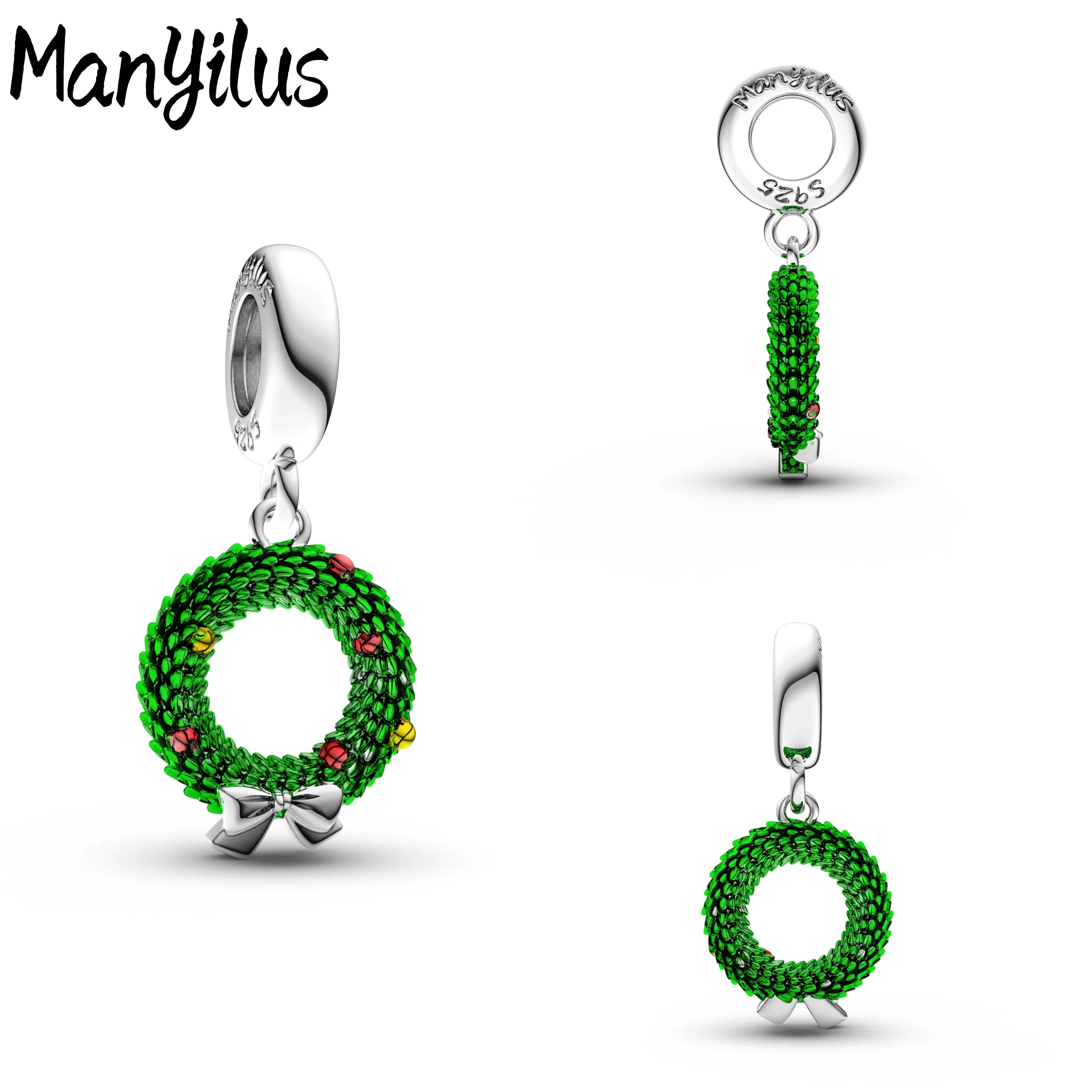 Authentic Manyilus Wreath Charm, 925 Sterling Silver Christmas Jewelry Pendant for DIY Original Bracelet, Elegant Festive Welcome