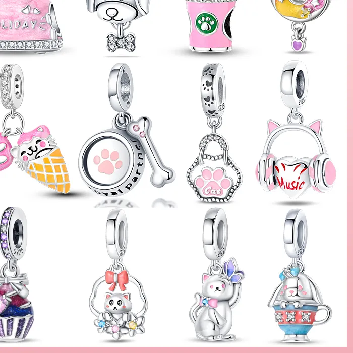 Authentic 925 Silver Pink Kitten Gourmet Pizza Cone Beads Suitable For Pan 925 Original Bracelet Exquisite Diy Jewelry