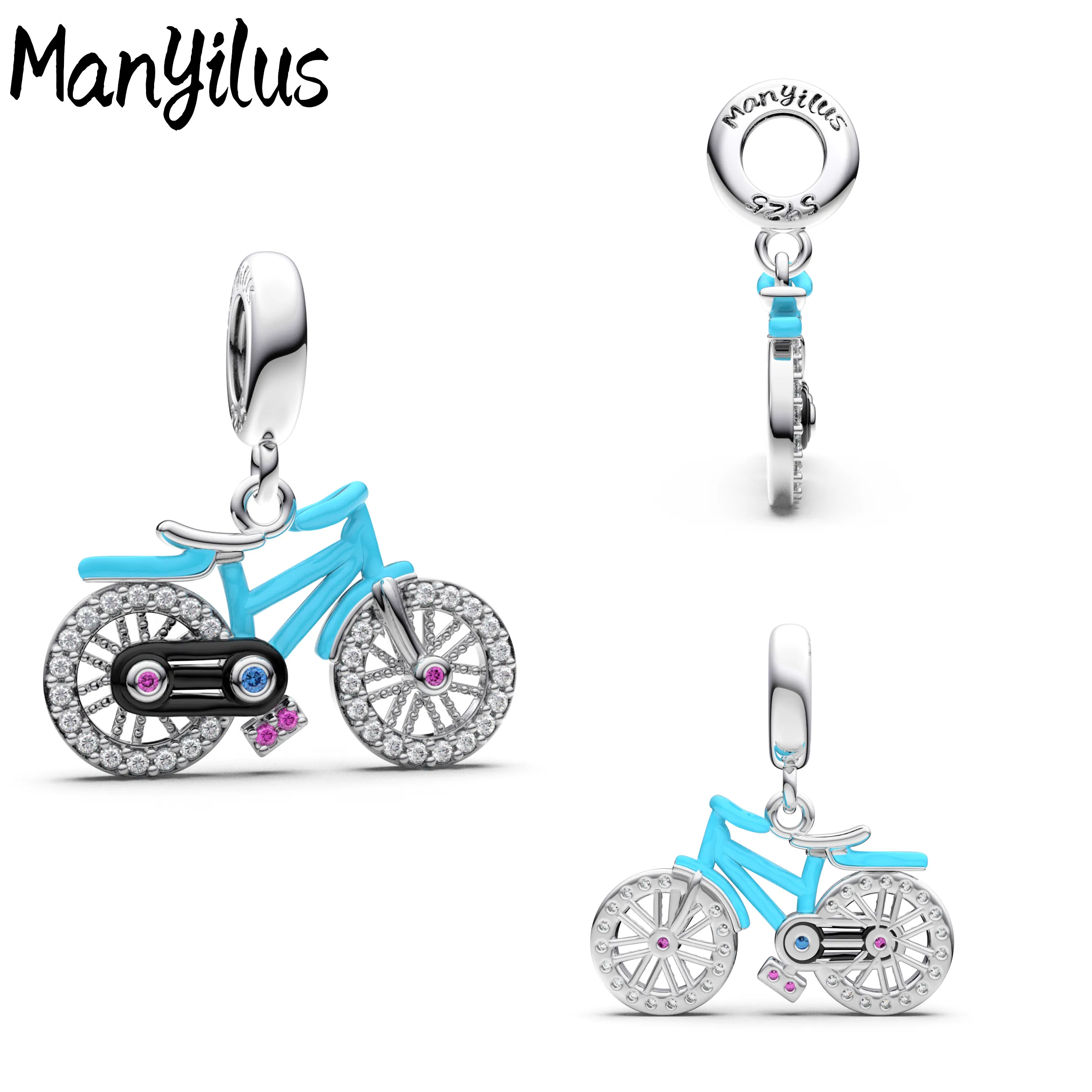 Authentic Manyilus Colorful Bicycle Charm, 925 Sterling Silver Travel Jewelry Pendant for Original Bracelet, DIY Adventure & Freedom Gift