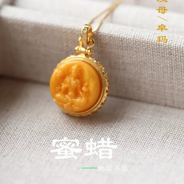 Authentic Natural Full Honey Chicken Oil Yellow Beeswax Tara Pendant S925 Silver Tibetan