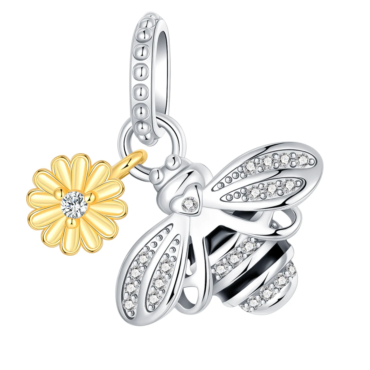 Authentic Honey Bee & Daisy Flower Dangle Charm 925 Sterling Silver Cute Animal Nature Bead Fits European Bracelets Gift for Women