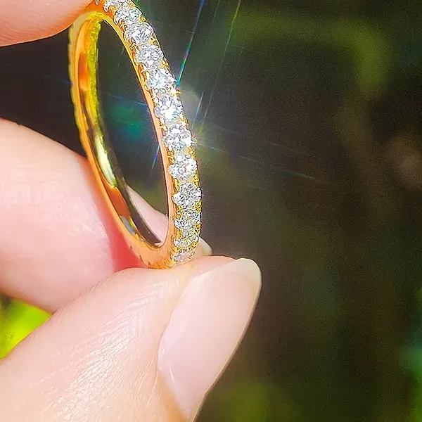 Authentic Rose Gold Yellow Plated 2mm French Pave White Round Moissanite Full Eternity Ring Band 925 Silver Engagement Dating Jewelry