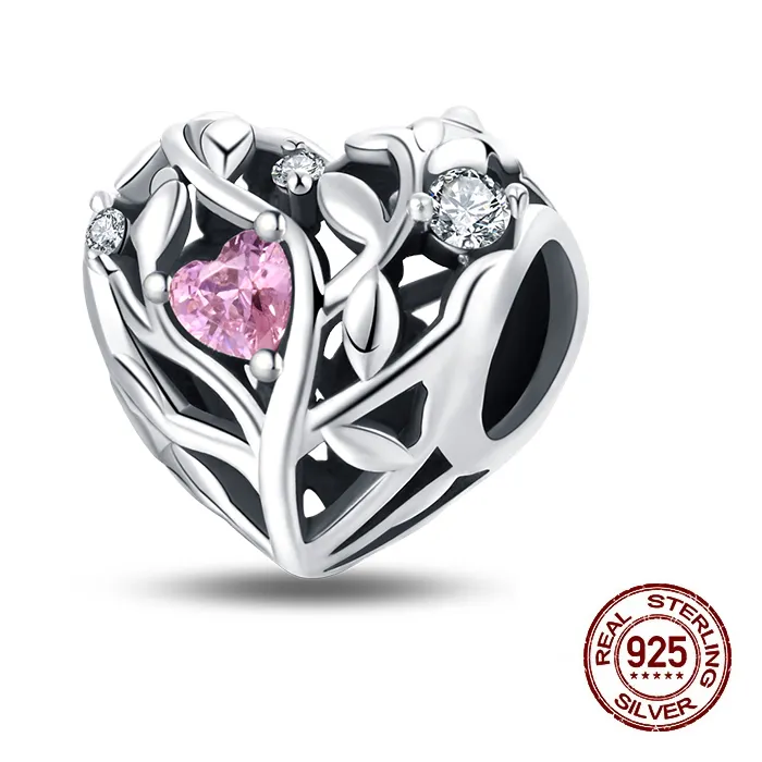 Authentic Fit 3mm Original 925 Sterling Silver Charms Beads Tree of Loving Life Pink Charms for Women Fine DIY Birthday Jewelry Gifts