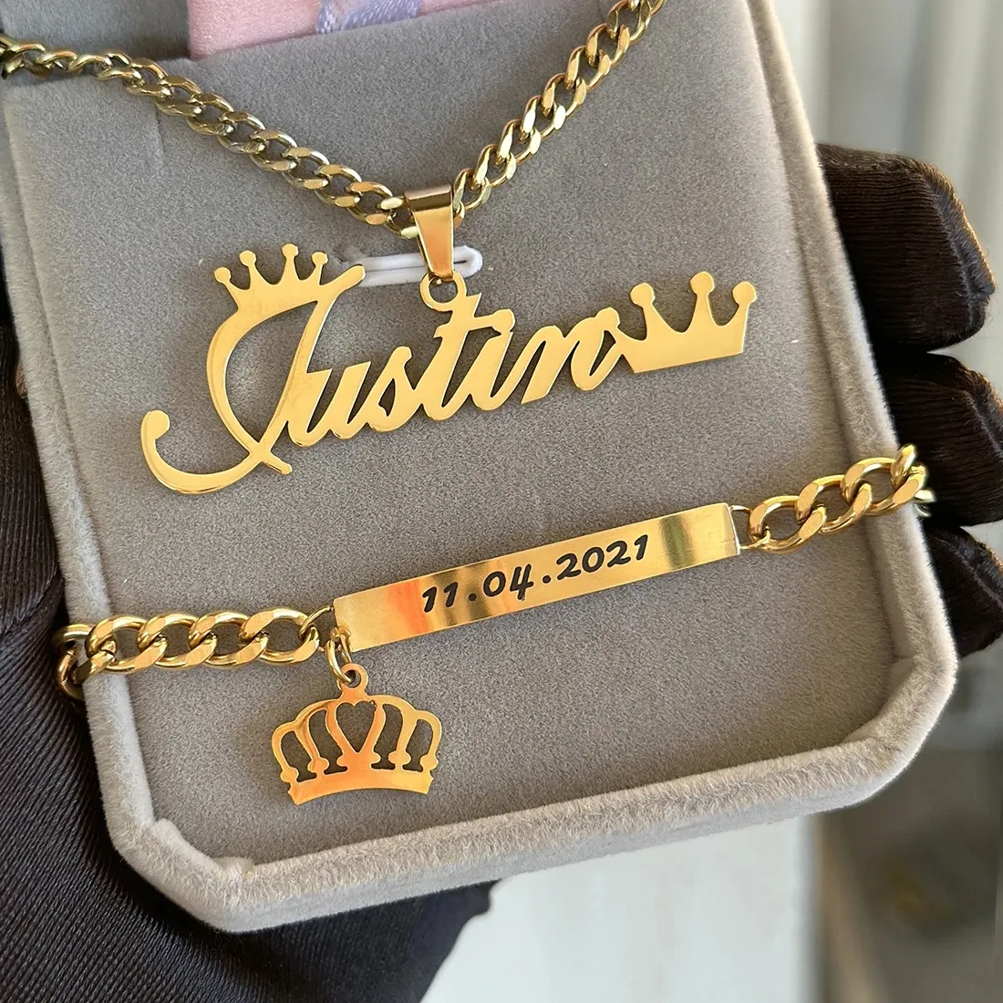 Authentic Customized Name Necklace Bracelet Punk Jewelry Sets for Men Women Couples Personalized Set 4mm Cuban Chain