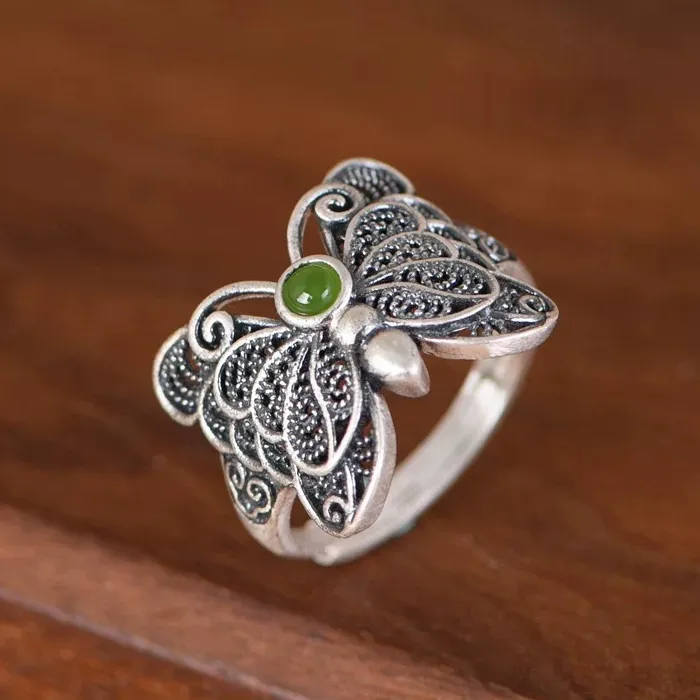 Authentic Relief Lines Butterfly Ring Jewelry Ethnic Style Jade Ring For Lady Index Finger Accessories Adjustable