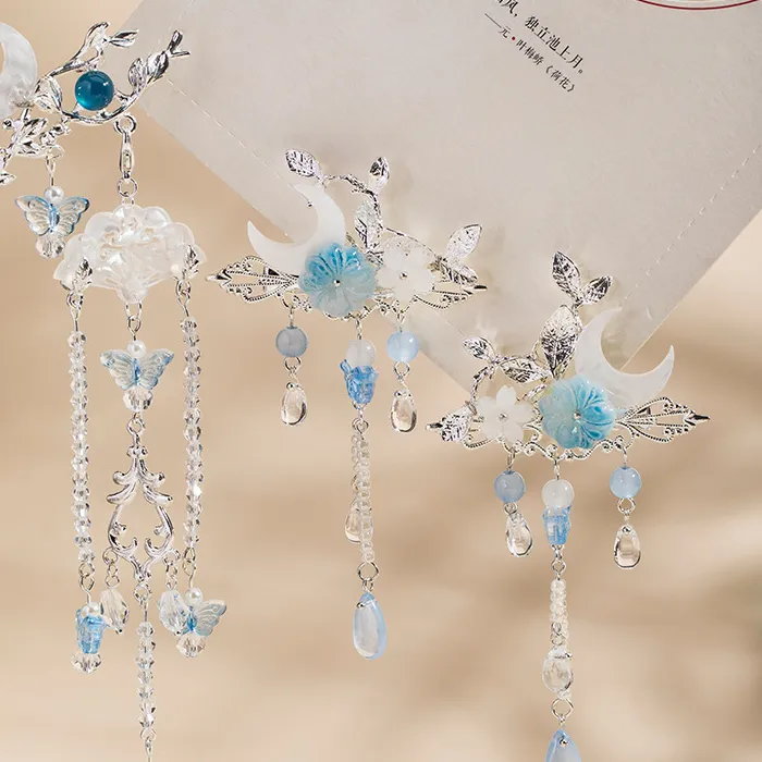 Authentic Retro Hanfu Hair Clip Blue Bead Butterfly Tassel Hair Stick For Women Chinese Wedding Accessories Vinatge Party Headwear Jewelry