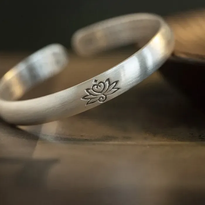 Authentic 925 Silver Vintage Matte Bangles Engraved Heart Sutra Lotus Flower Bracelet for Women Simple and Fresh Style Jewelry Opening