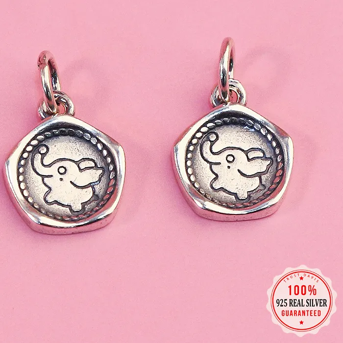 Authentic TrustDavis 925 Sterling Silver Cute Circular Elephant Charms Pendant for Bracelet Necklace DIY Accessories DZ1660