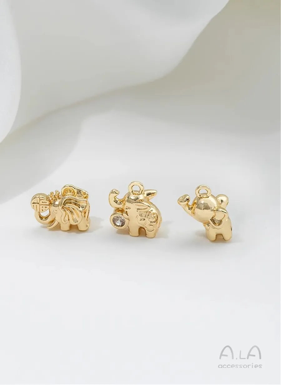 Authentic 14K Gold Three-dimensional Cute Little Elephant Blessing Elephant Pendant Handmade Pendant DIY Handmade Jewelry Accessories