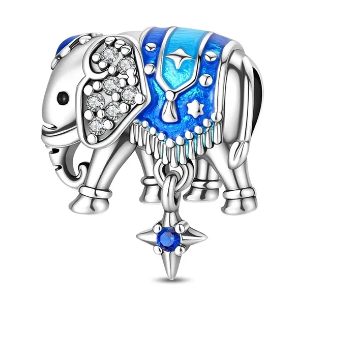 Authentic 925 Sterling Silver Blue Auspicious Elephant Charms Beads Zircon Dangle Fit 3Mm Original Bracelet Diy Birthday Jewelry